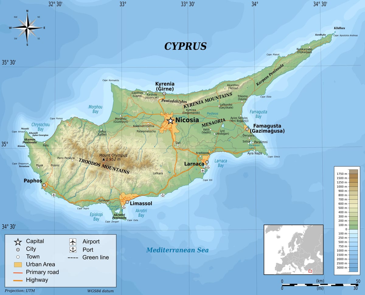 Peta dari Cyprus fizikal